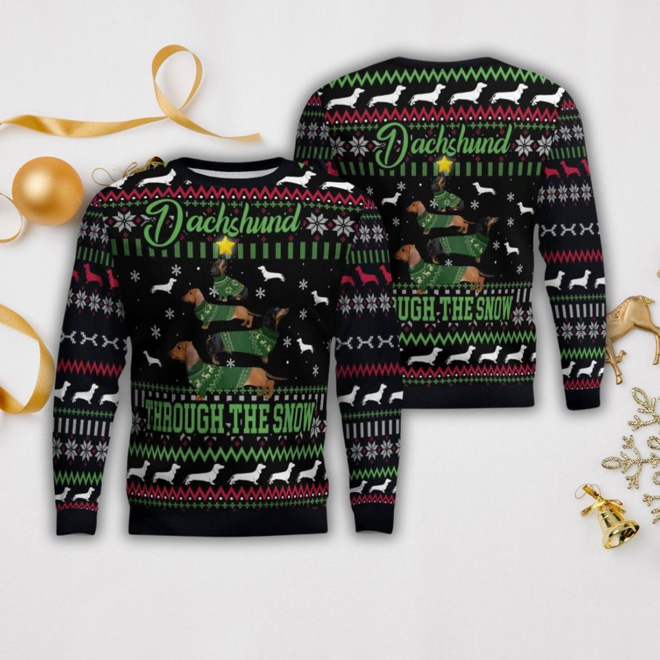 Dachshund Through The Snow Ugly Sweater, Cute Dachshund Christmas Sweater - Image 2