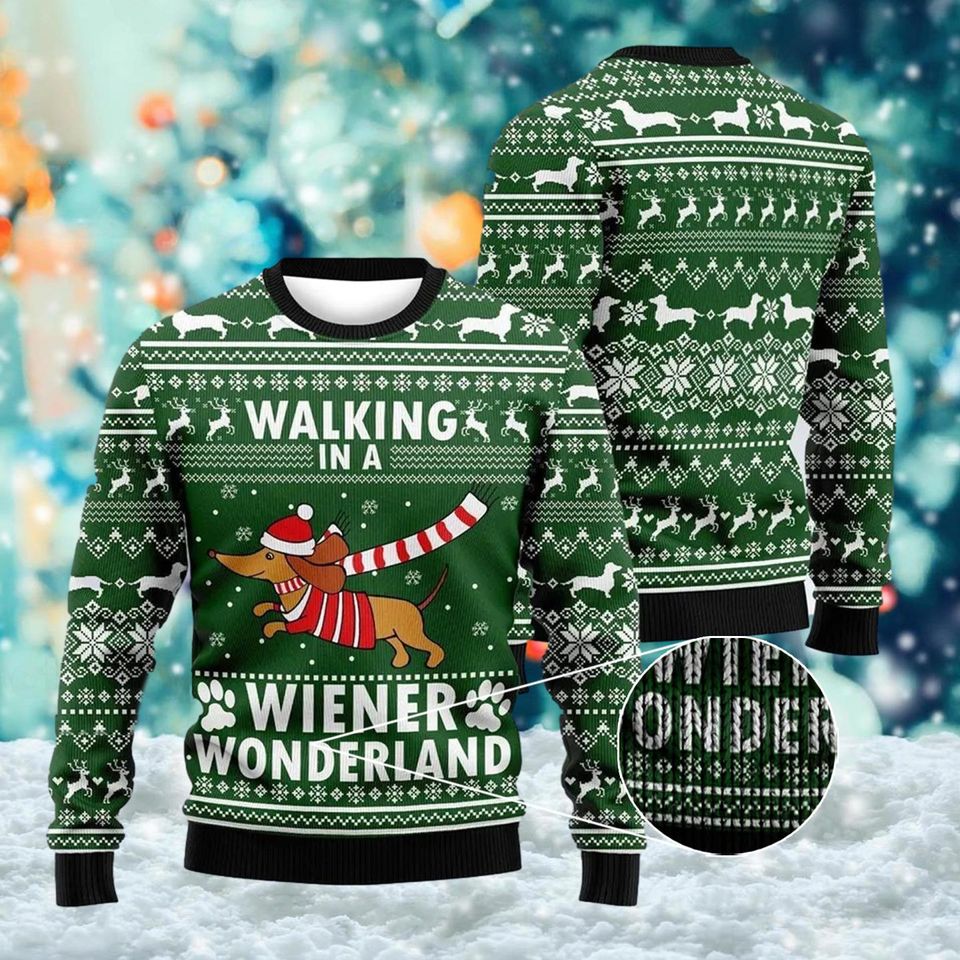 Dachshund Ugly Christmas Sweater, Walking In A Wiener Wonderland Xmas Sweatshirt