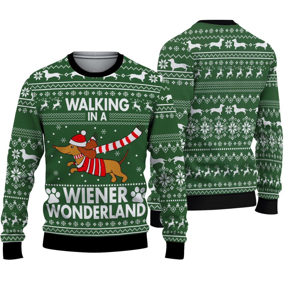 Dachshund Walking In A Weiner Wonderland Ugly Christmas Sweater, Dachshund Shirt, Christmas Gift For Dog Lovers