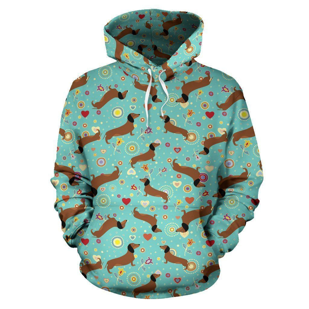 Dachshund with Floral Print Pattern 3D All Over Print Hoodie, Zip Hoodie