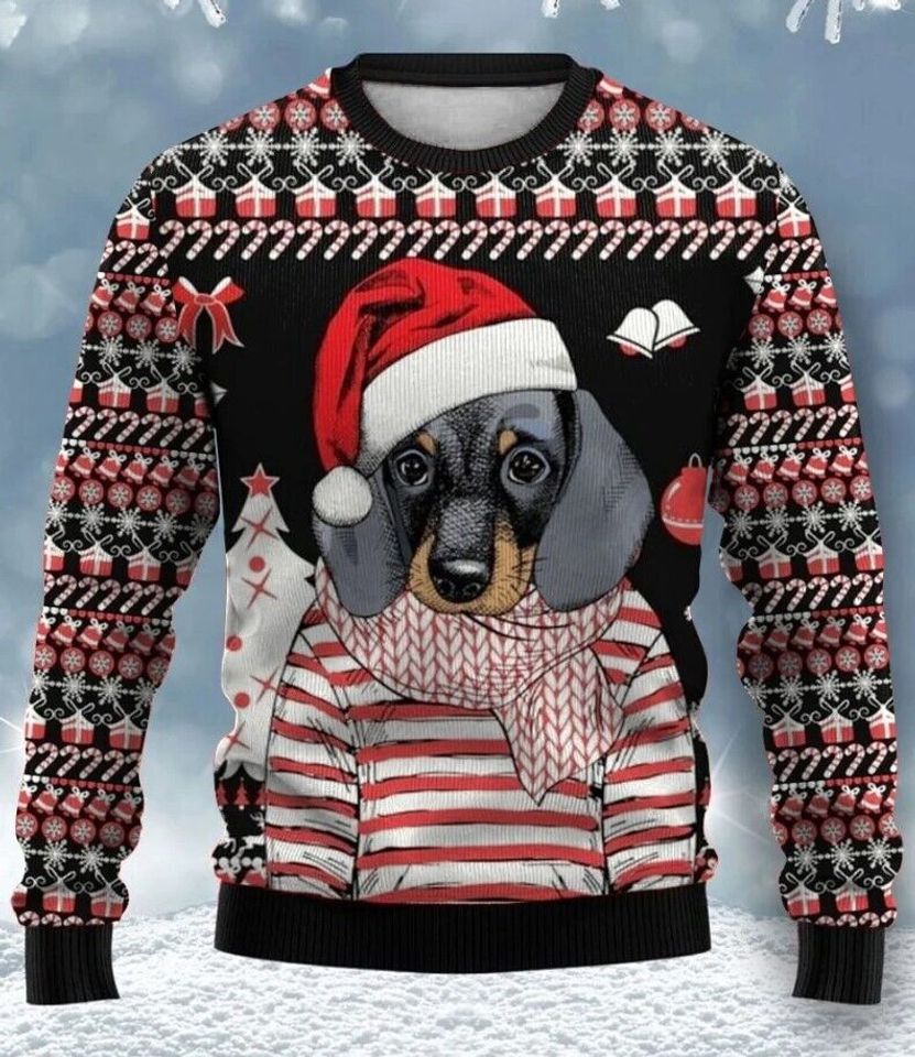 Dachshund With Santa Hat Ugly Christmas Sweater, Dachshund 3D Ugly Xmas Sweater