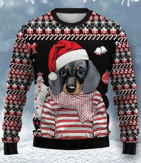 Dachshund With Santa Hat Ugly Christmas Sweater, Dachshund 3D Ugly Xmas Sweater - Image 4