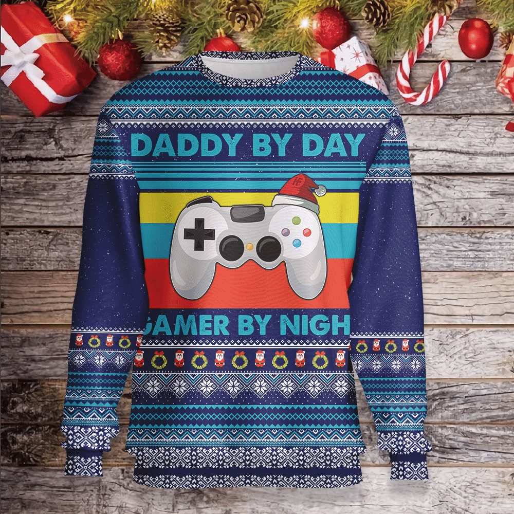 Daddy By Day Gamer By Night Ugly Christmas Sweater Adult 3D Funny Matching for family