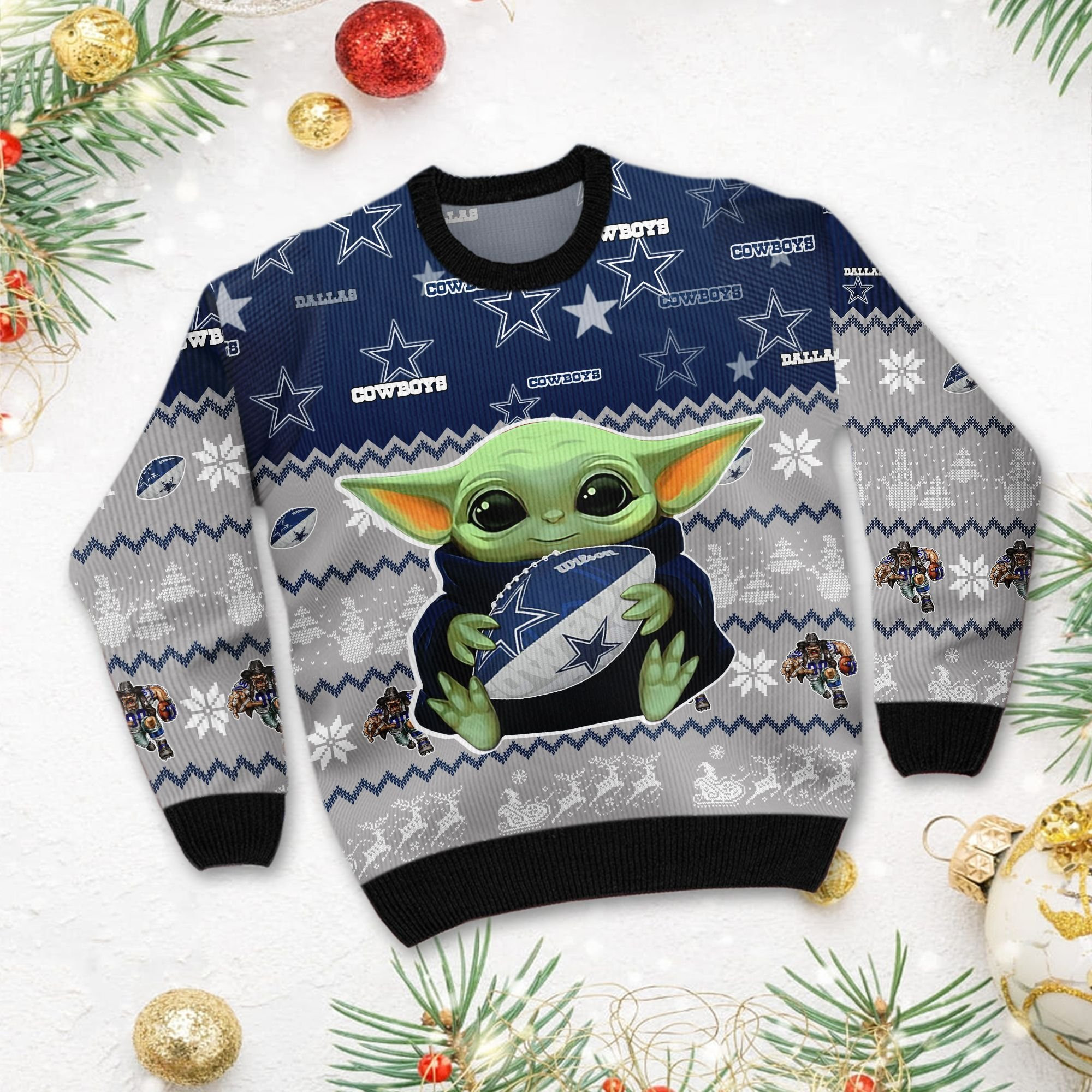 Dallas Cowboys Baby Yoda Ugly Christmas Sweater Adult 3D Funny Matching for family - Image 3
