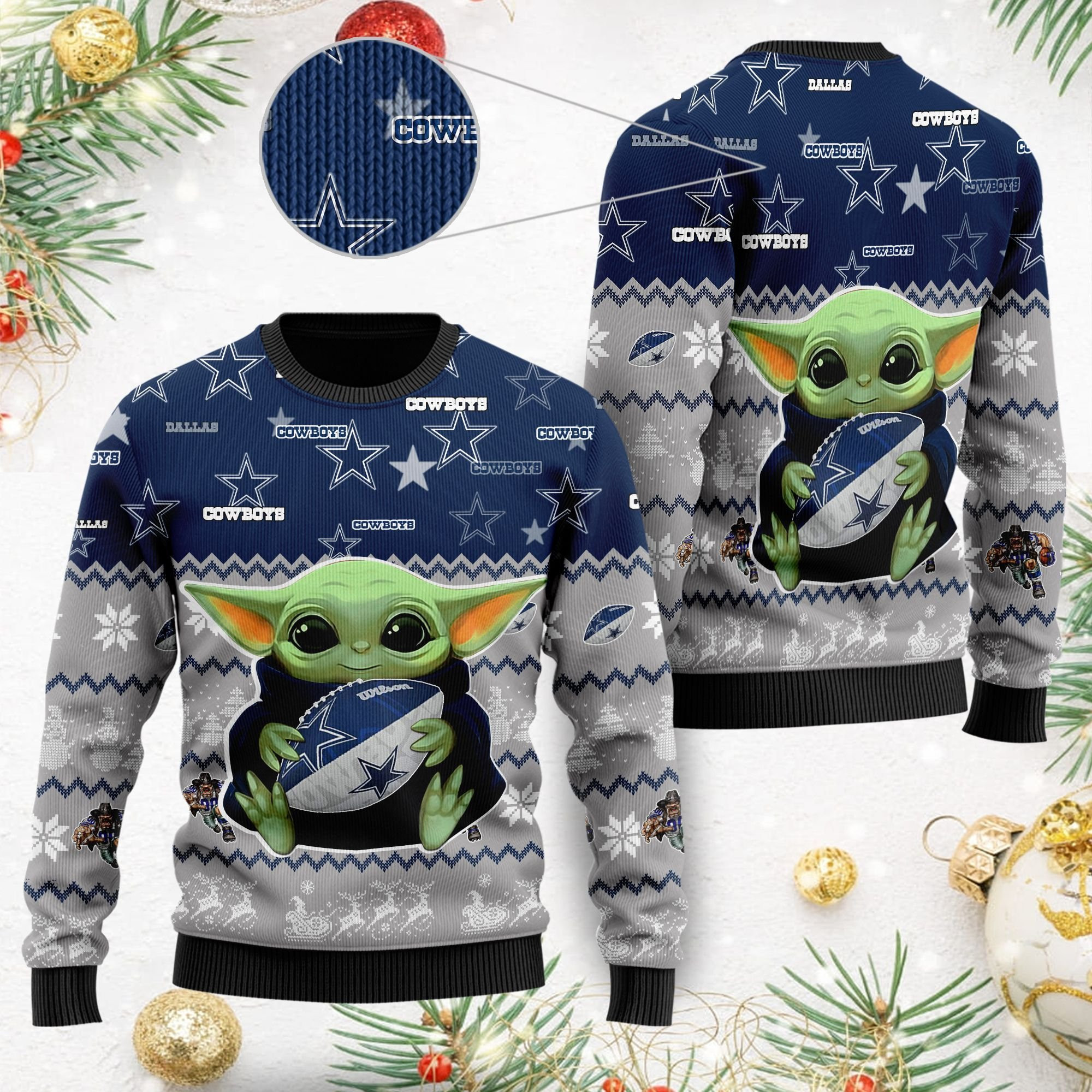 Dallas Cowboys Baby Yoda Ugly Christmas Sweater Adult 3D Funny Matching for family