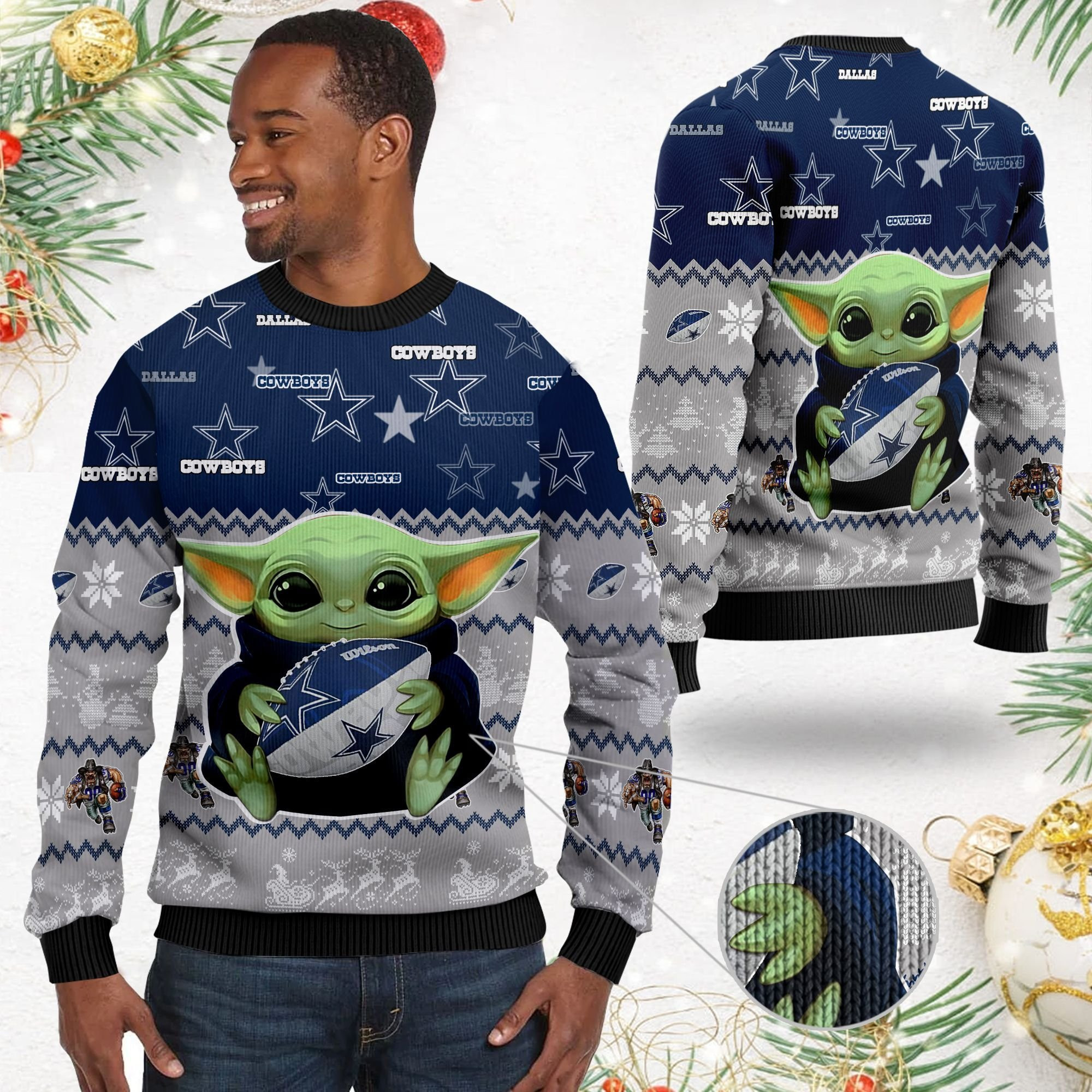 Dallas Cowboys Baby Yoda Ugly Christmas Sweater Adult 3D Funny Matching for family - Image 2