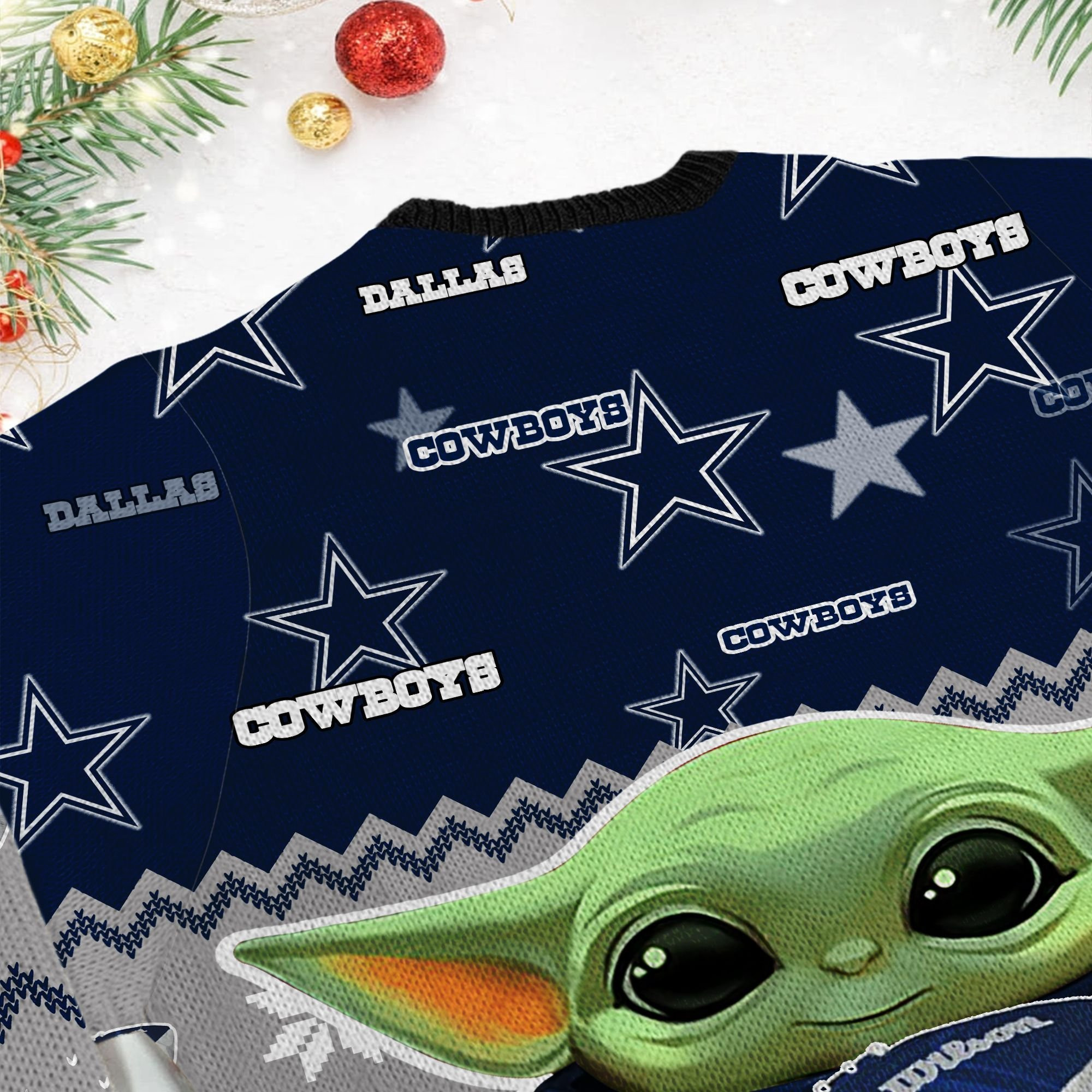 Dallas Cowboys Baby Yoda Ugly Christmas Sweater Adult 3D Funny Matching for family - Image 6