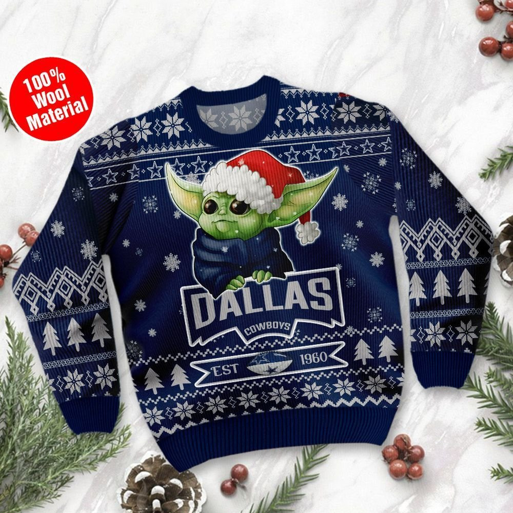Dallas Cowboys Cute Baby Yoda Grogu Holiday Party Ugly Christmas Sweater Adult 3D Funny Matching for family - Image 2