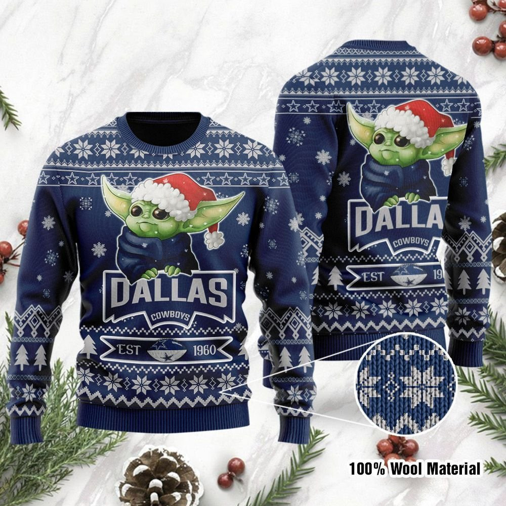 Dallas Cowboys Cute Baby Yoda Grogu Ugly Christmas Sweater Adult 3D Funny Matching for family