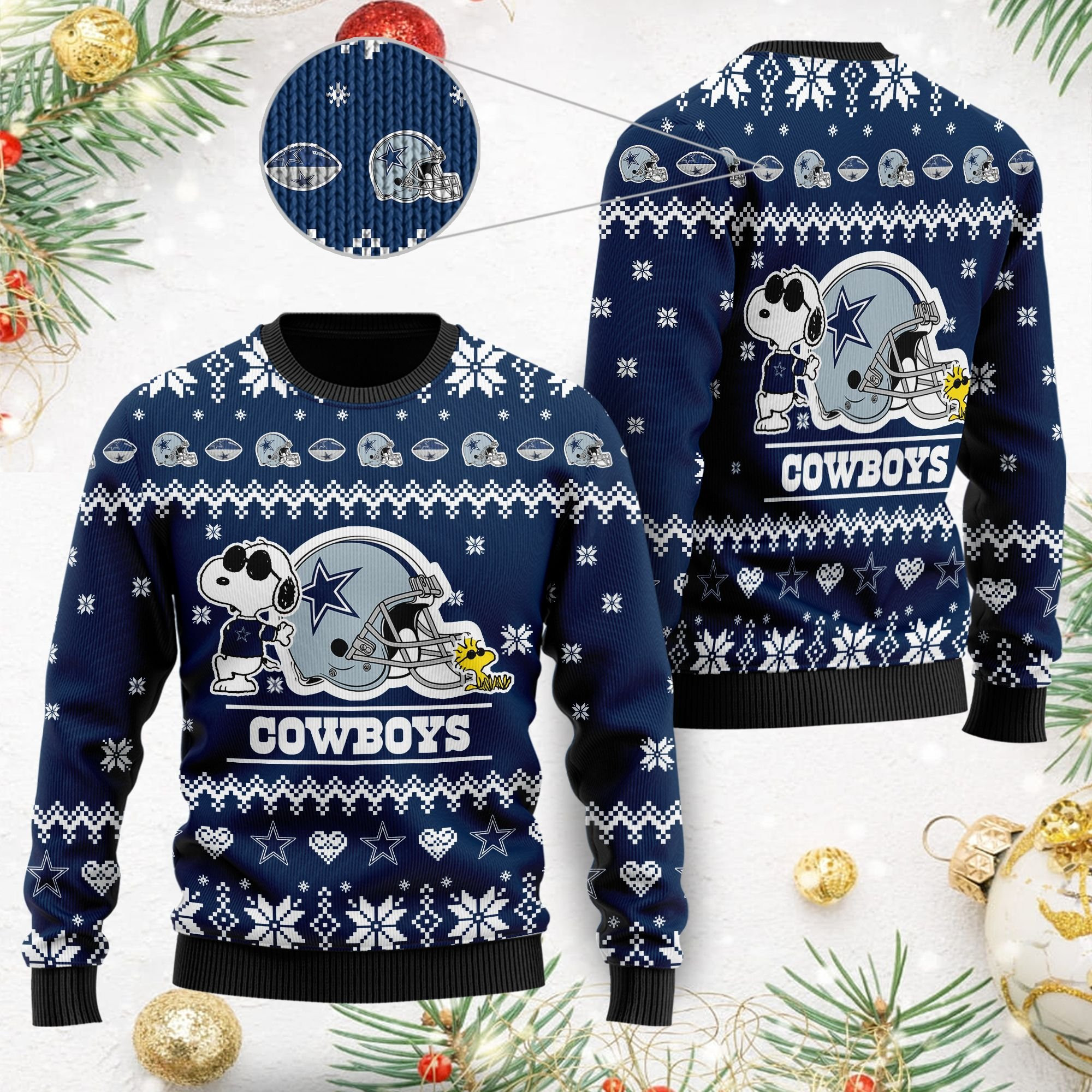 Dallas Cowboys Cute The Snoopy Show Football Helmet 3D Ugly Christmas Sweater Adult 3D Funny Matching for family