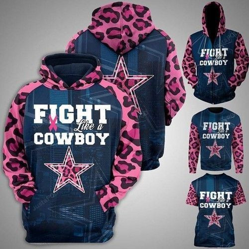 Dallas Cowboys Fight Like A Cowboys Pink Leopard Pattern Slevees Br East Cancer 3D All Over Print Hoodie, Zip Hoodie