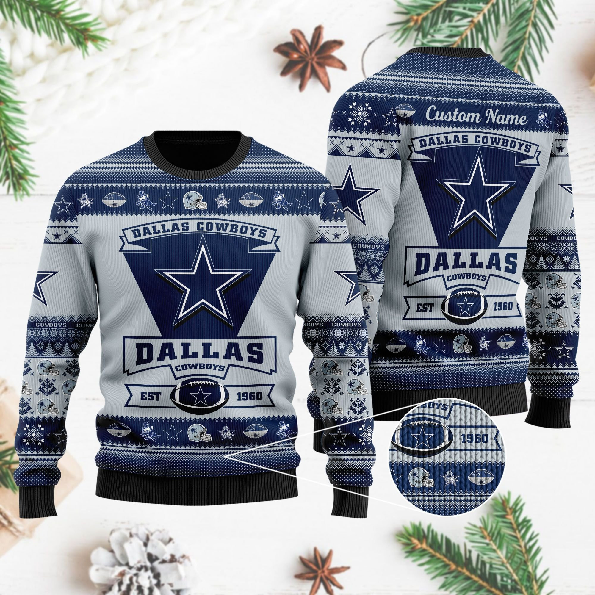 Dallas Cowboys Football Team Logo Custom Name Personalized Ugly Christmas Sweater Adult 3D Funny Matching for family
