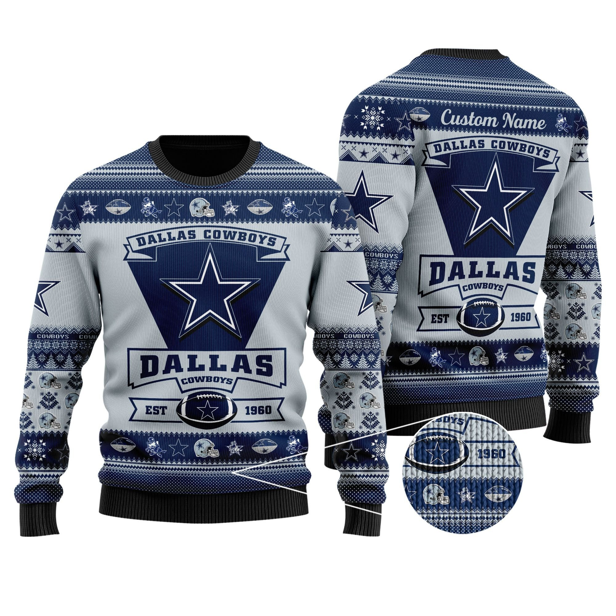 Dallas Cowboys Football Team Logo Custom Name Personalized Ugly Christmas Sweater Adult 3D Funny Matching for family - Image 2