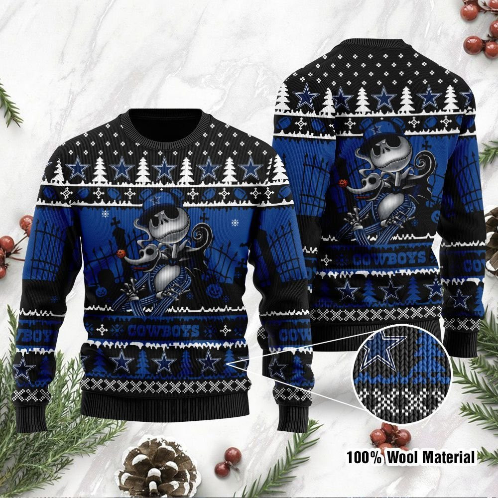 Dallas Cowboys Jack Skellington Halloween Ugly Christmas Sweater Adult 3D Funny Matching for family