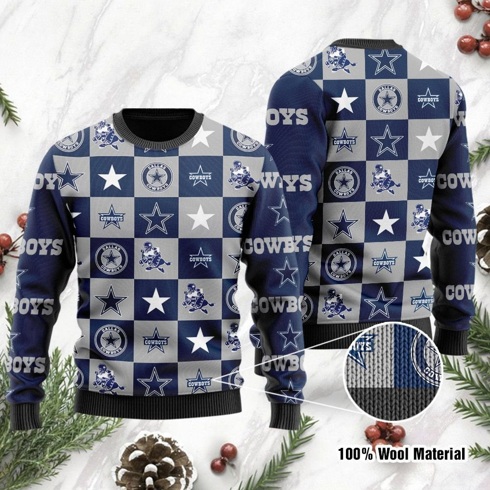Dallas Cowboys Logo Checkered Flannel Ugly Christmas Sweater Adult 3D Funny Matching for family
