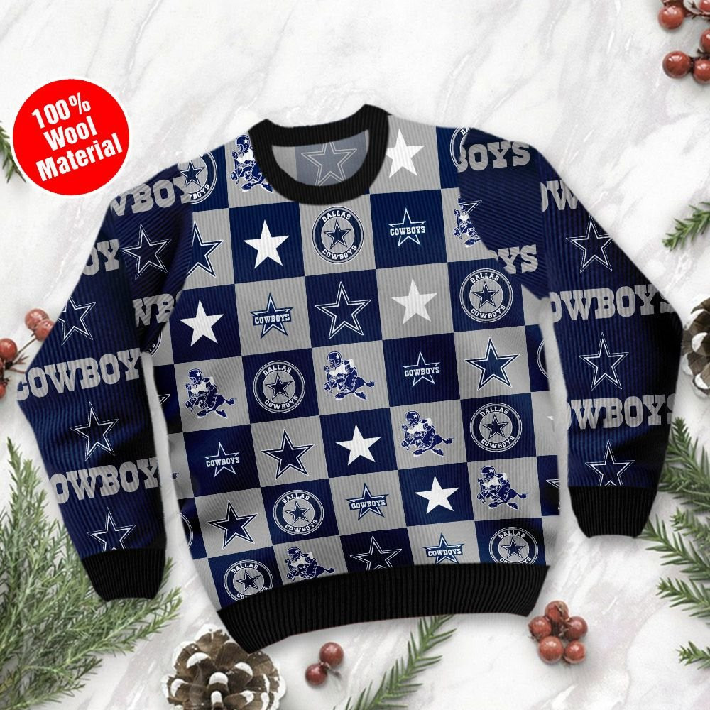 Dallas Cowboys Logo Checkered Flannel Ugly Christmas Sweater Adult 3D Funny Matching for family - Image 2