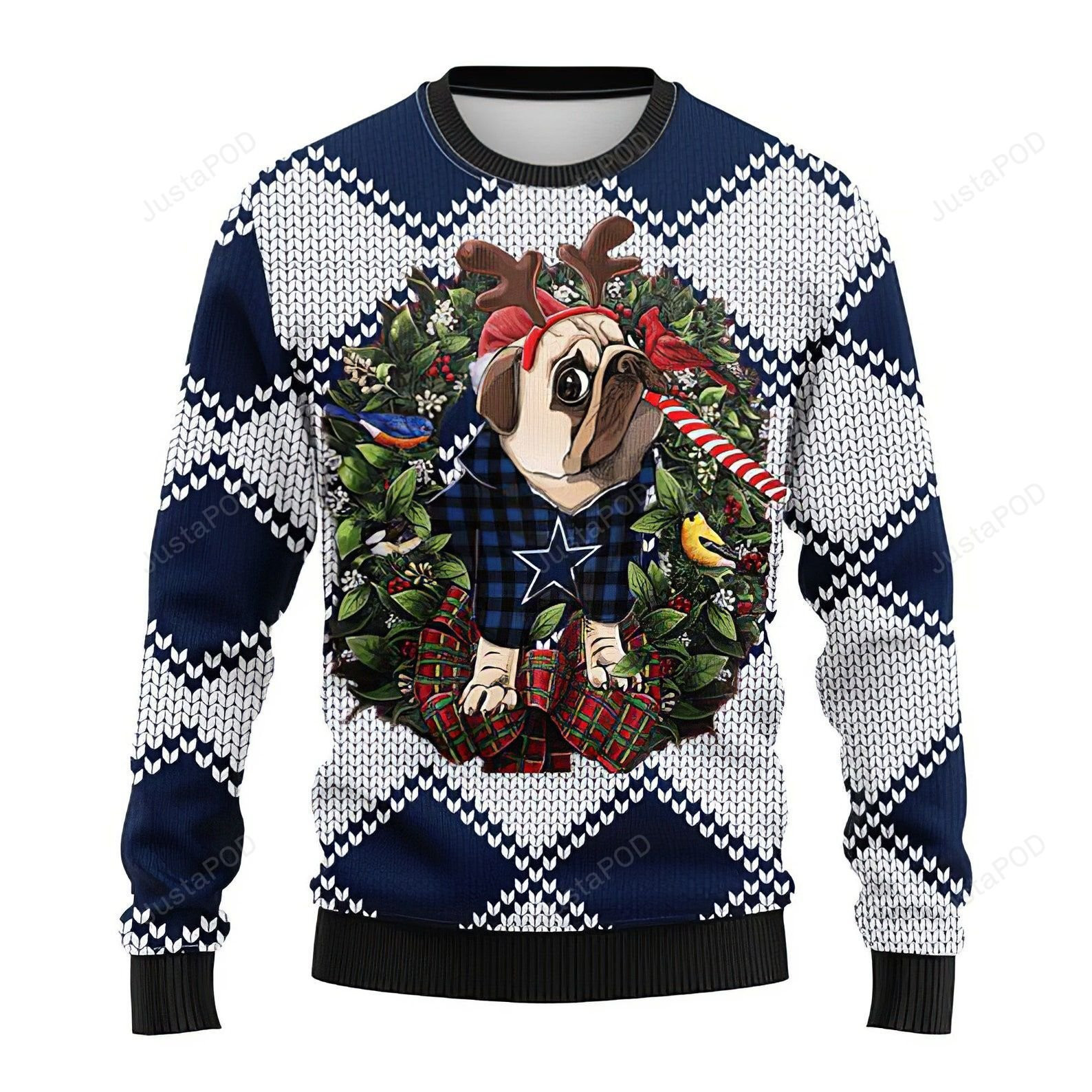 Dallas Cowboys Pug Dog Ugly Christmas Sweater Adult 3D Funny Matching for family