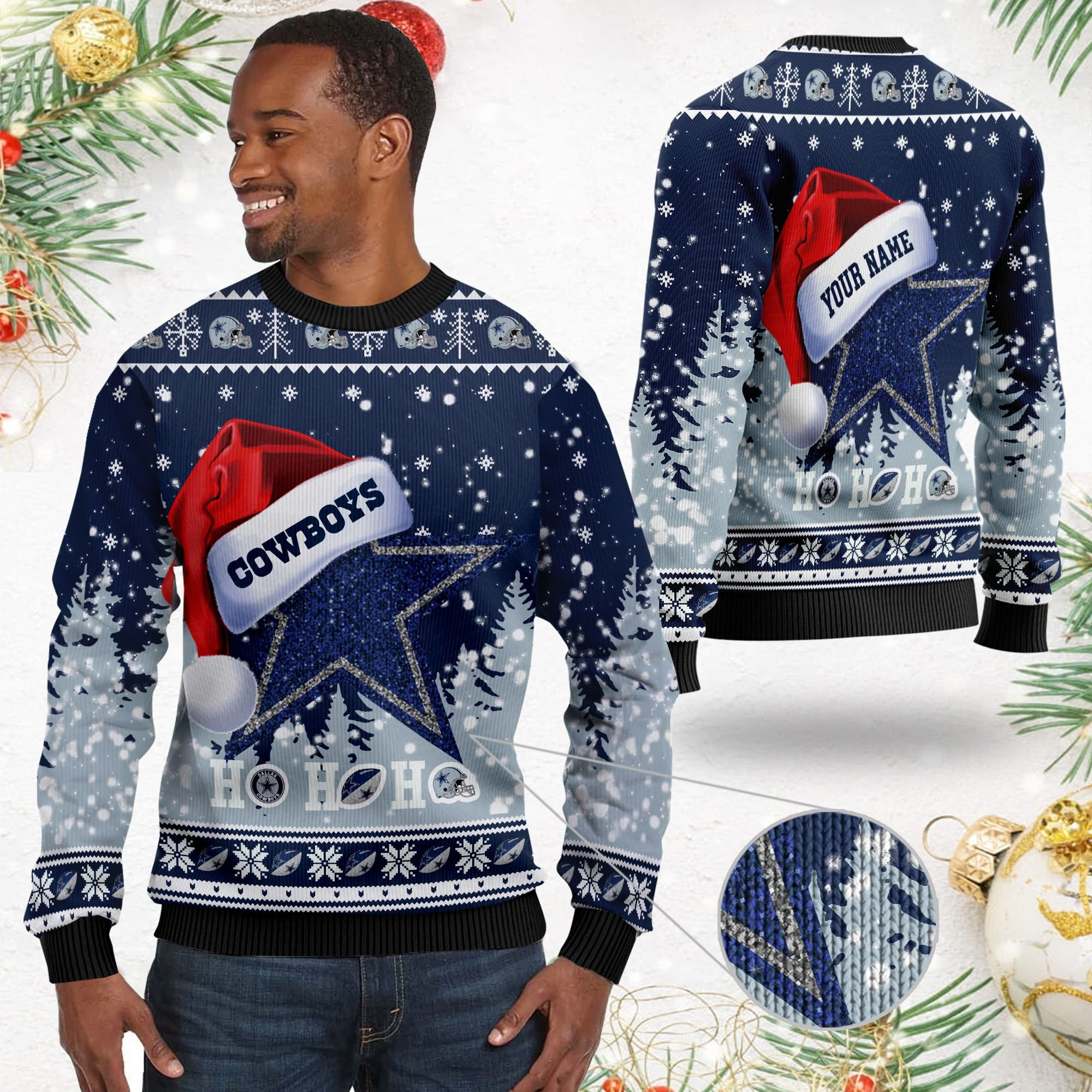 Dallas Cowboys Symbol Wearing Santa Claus Hat Ho Ho Ho Custom Personalized Ugly Christmas Sweater Adult 3D Funny Matching for family - Image 2