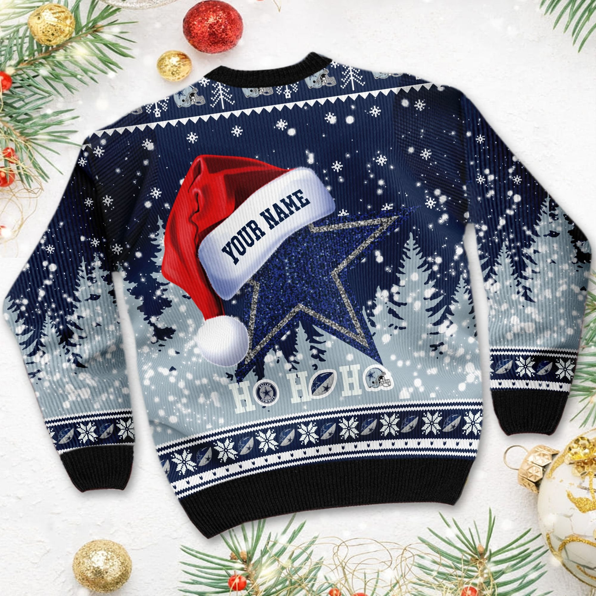 Dallas Cowboys Symbol Wearing Santa Claus Hat Ho Ho Ho Custom Personalized Ugly Christmas Sweater Adult 3D Funny Matching for family - Image 4