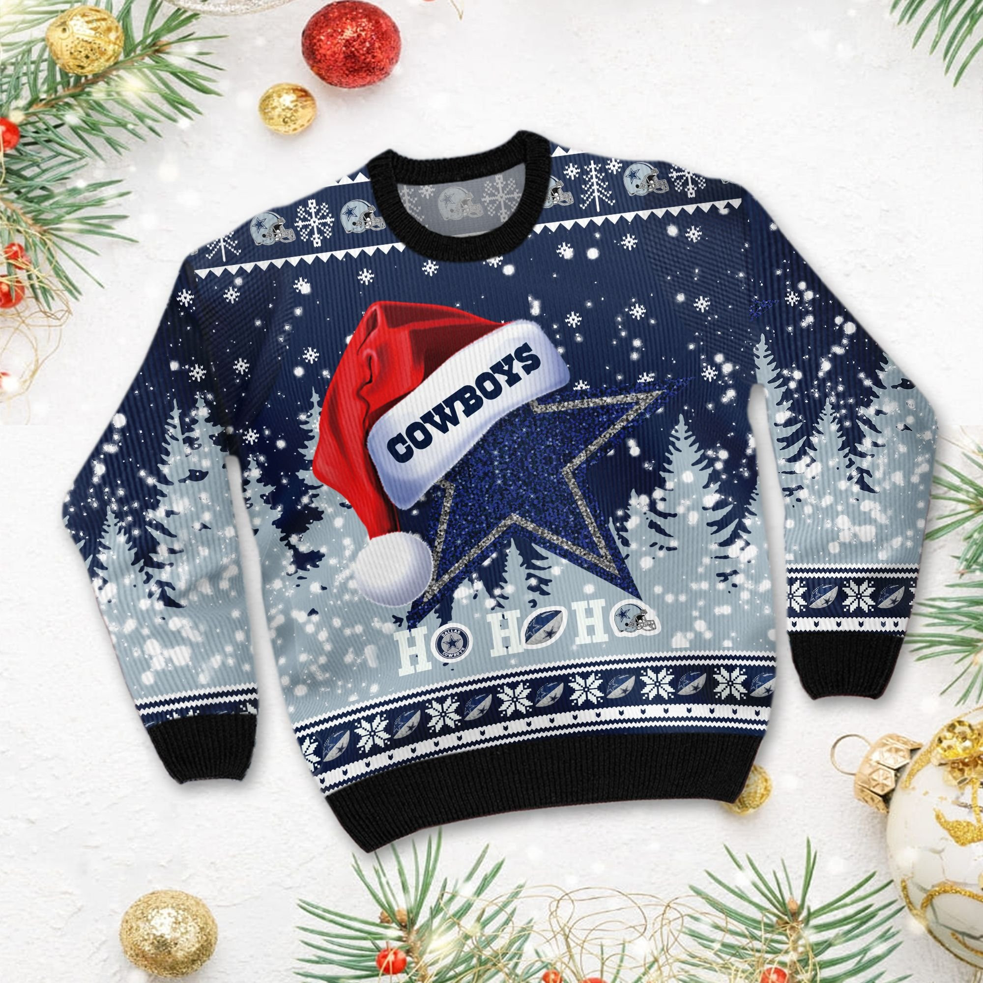 Dallas Cowboys Symbol Wearing Santa Claus Hat Ho Ho Ho Custom Personalized Ugly Christmas Sweater Adult 3D Funny Matching for family - Image 3