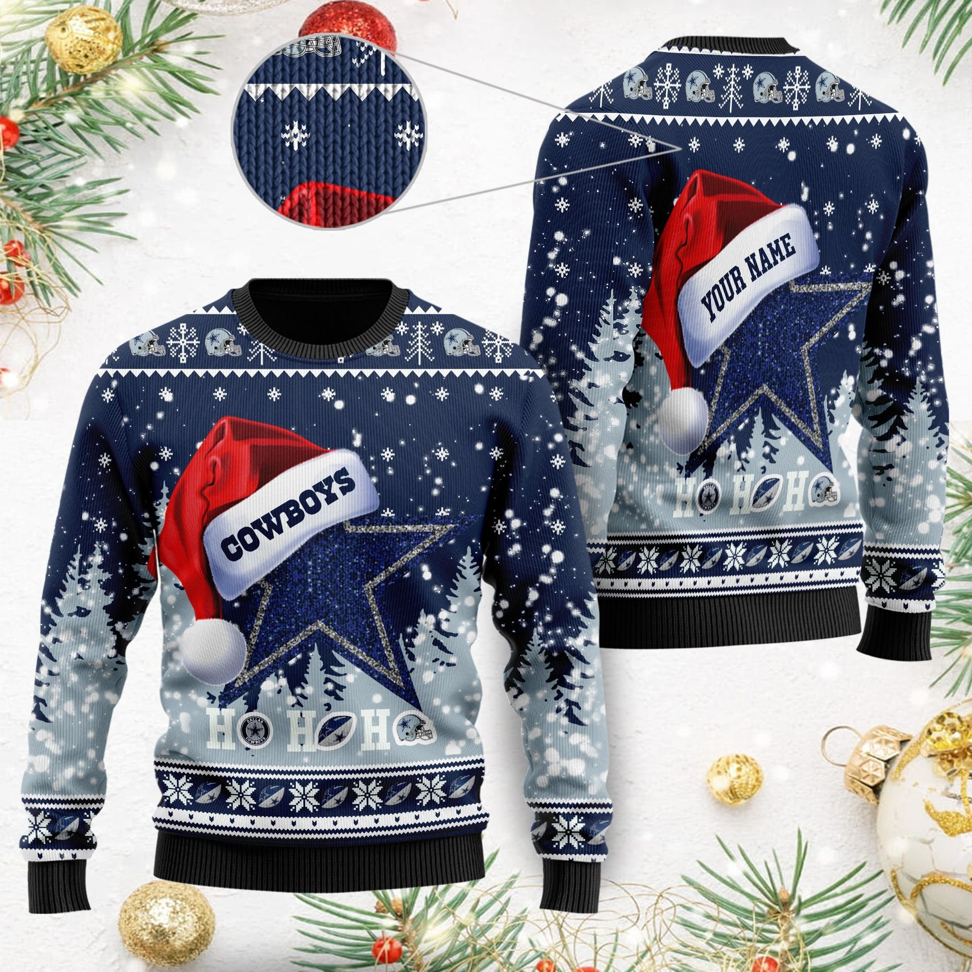 Dallas Cowboys Symbol Wearing Santa Claus Hat Ho Ho Ho Ugly Christmas Sweater Adult 3D Funny Matching for family