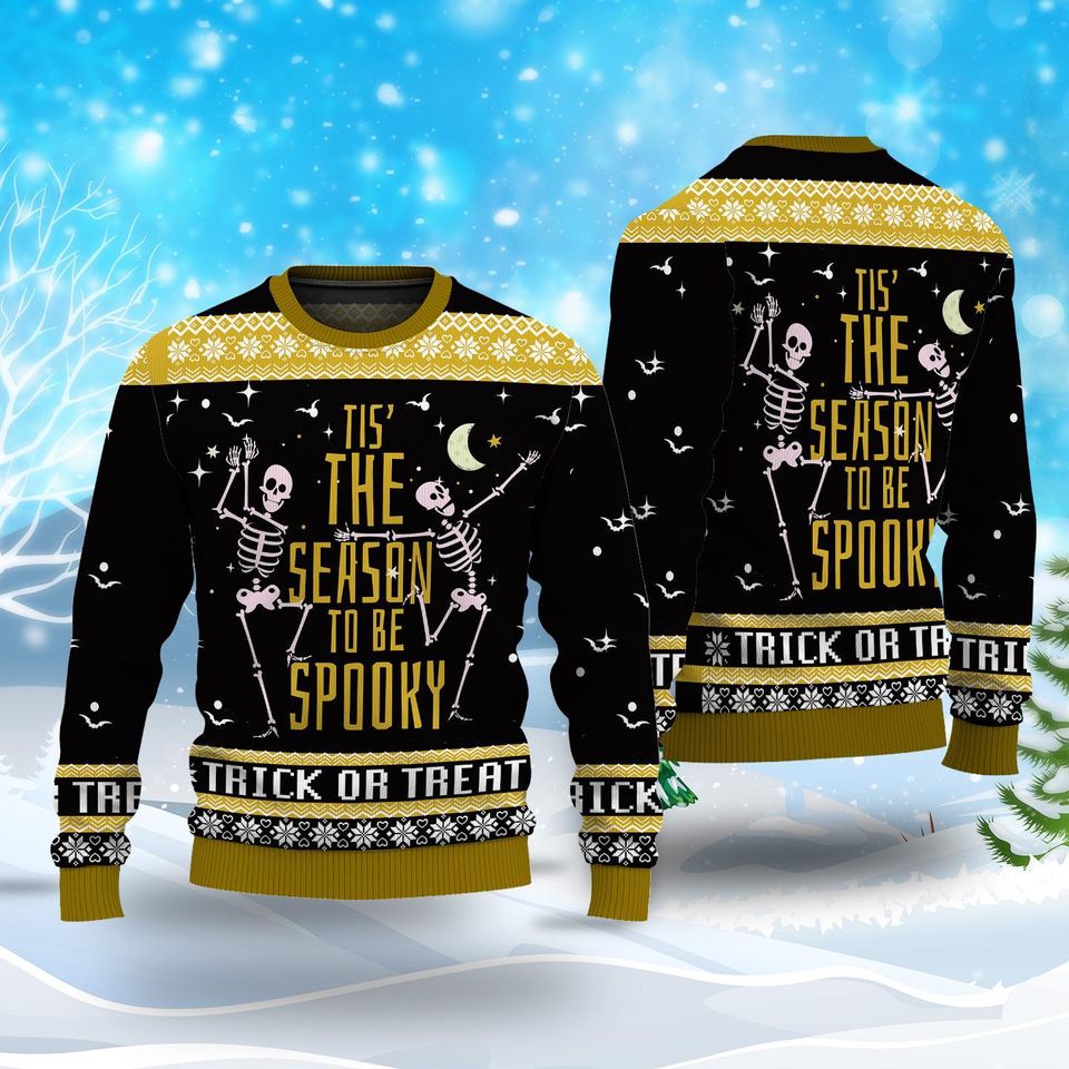 Dancing Skeleton Pumpkin Ugly Sweater, Retro Halloween
