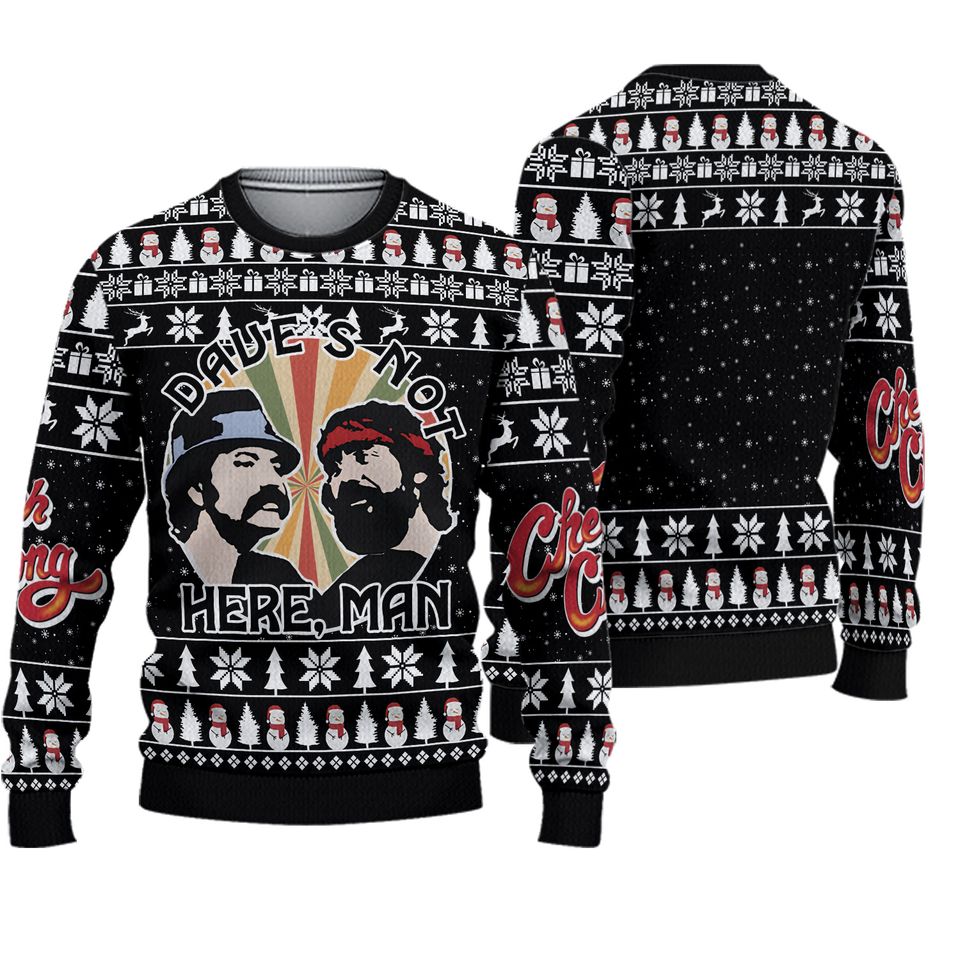 DaveÃ¢â‚¬â„¢s Not Here Man Cheech and Chong Snowman Ugly Christmas Sweater XS-5XL