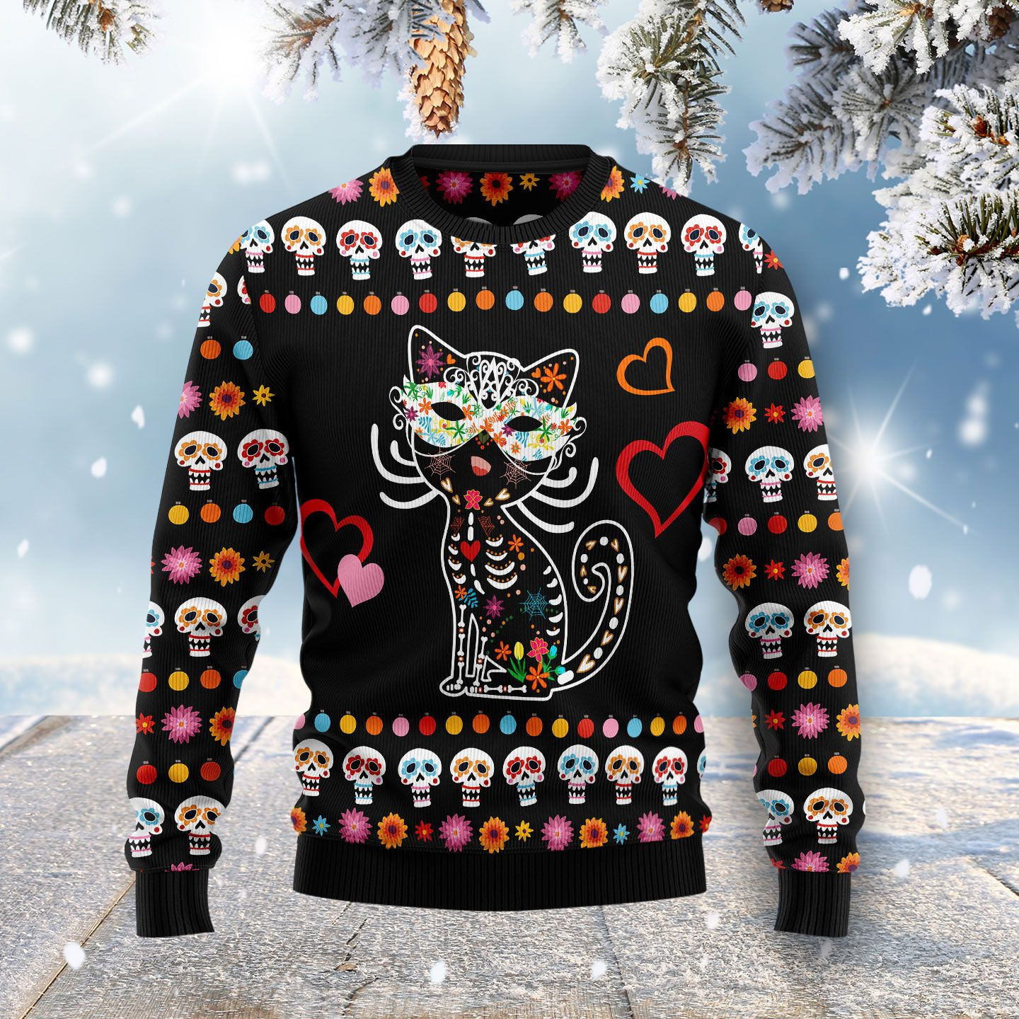 Day Of The Dead Black Cat Ugly Christmas Sweater Adult 3D Funny Matching for family