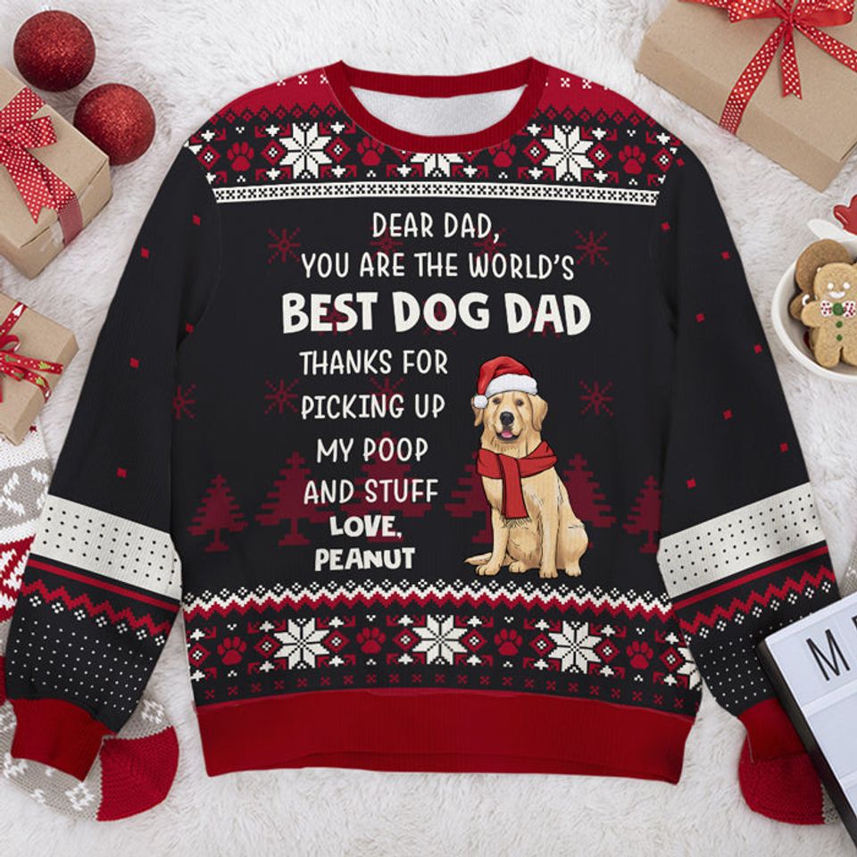 Dear Best Dog Dad Dog Mom Thanks For Picking Up Our Poop And Stuff Custom Personalized Unisex Wool Ugly Christmas Sweatshirt