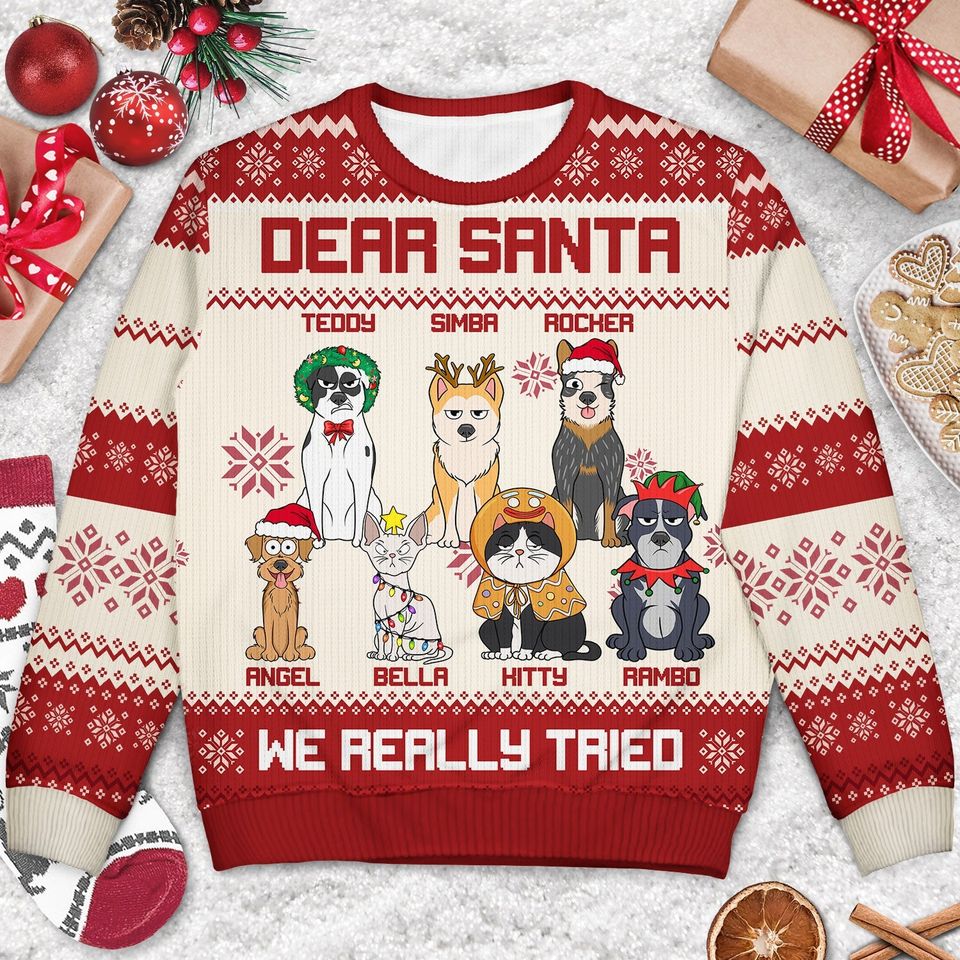 Dear Santa We Really Tried - Christmas Gift For Cat Lovers, Dog Lovers - Personalized Unisex Ugly Sweater - Image 3