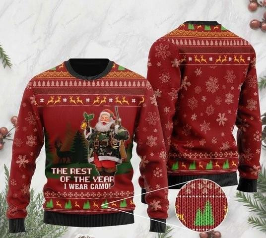 Deer Hunter And Santa Claus The Rest Of The Year I Wear Camo Ugly Christmas Sweater Adult 3D Funny Matching for family