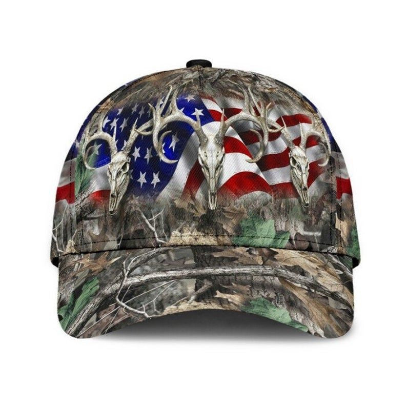 Deer Hunting American Flag Hat Classic Cap 3D, Hunting Lovers, Cap 3D Gift For Men Trucker Hats Custom Hats Gifts For Men & Women