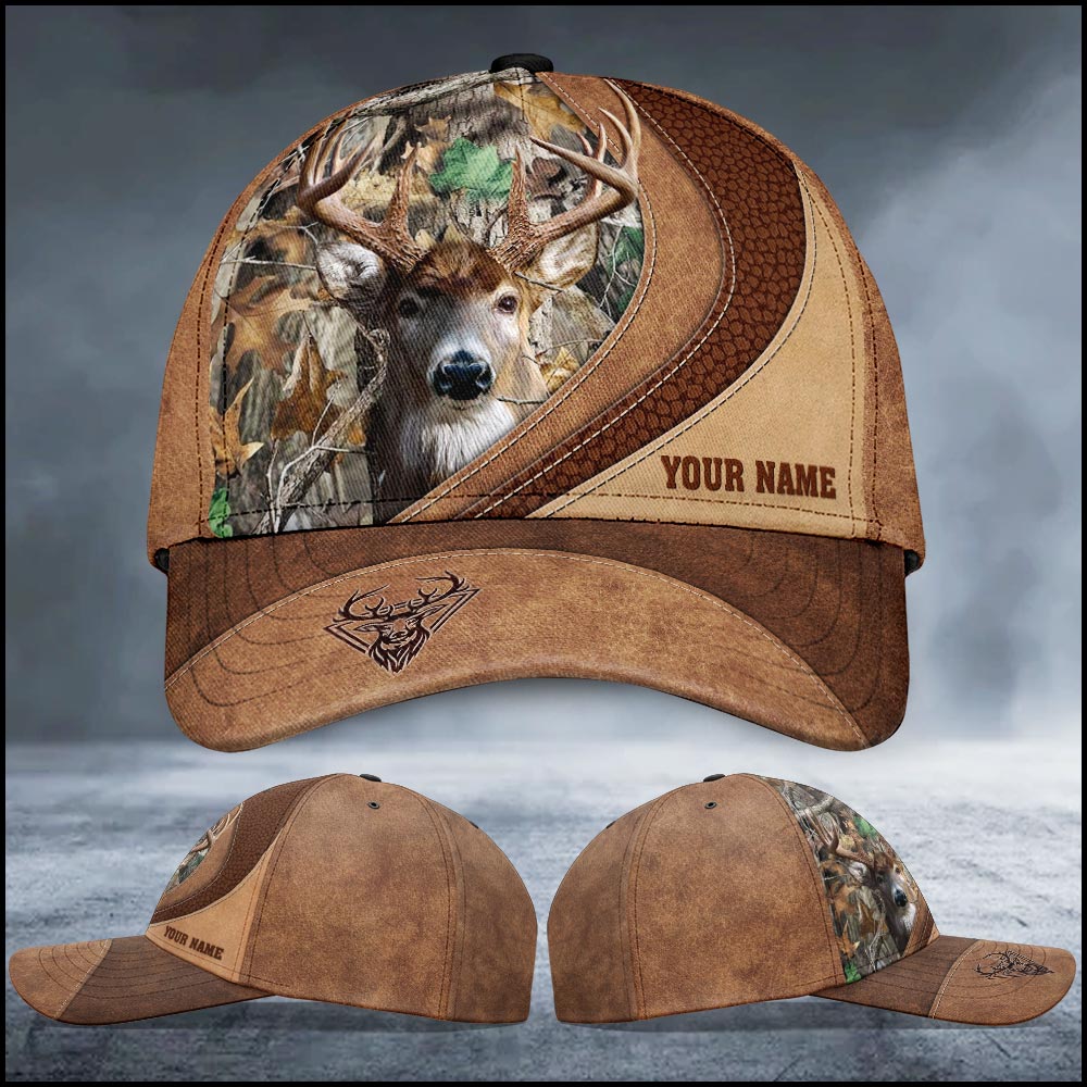 Deer Hunting Custom Name Hunter Father's Day Gift Leather Background Cap Trucker Hats Custom Hats Gifts For Men & Women