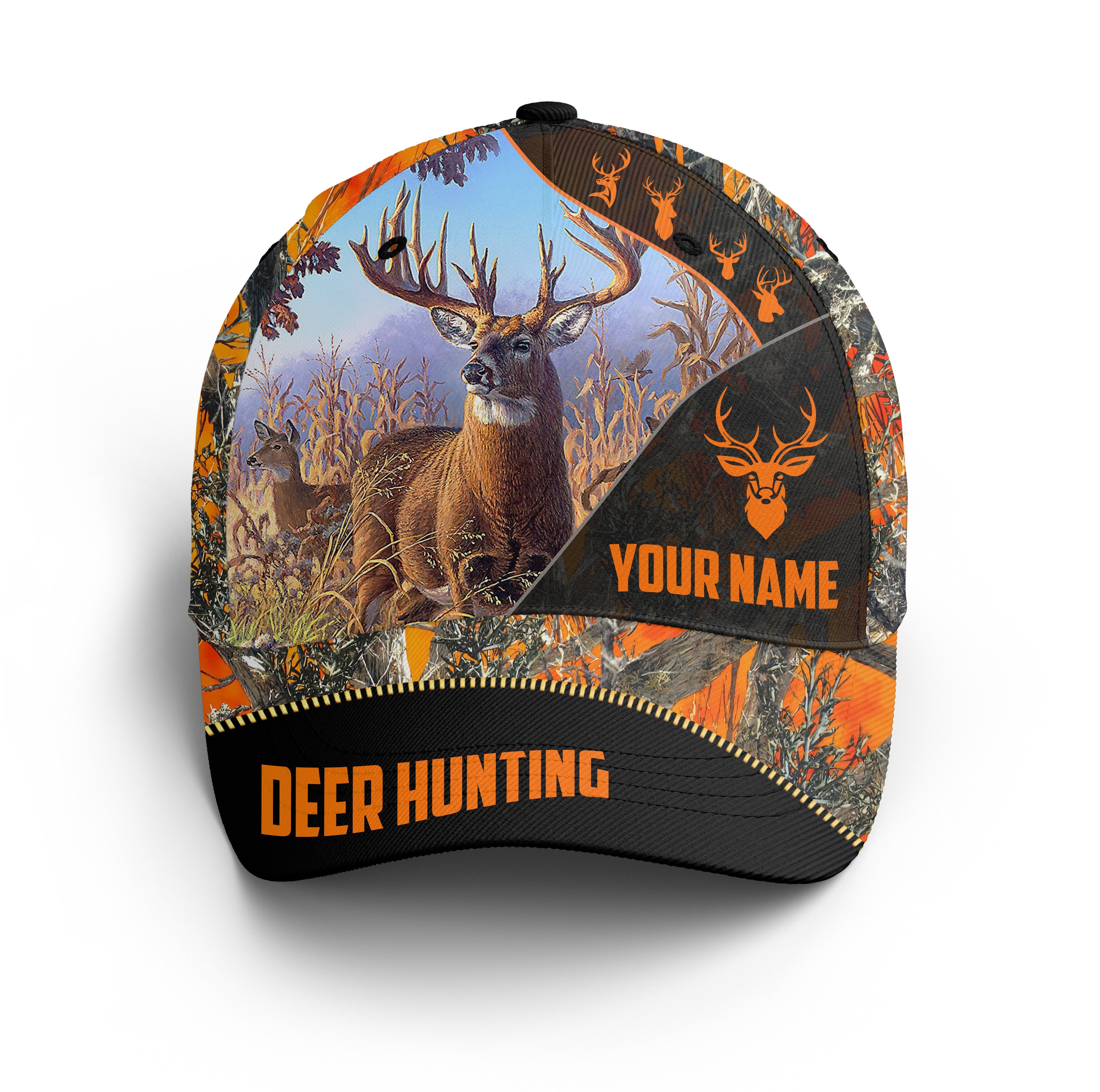 Deer Hunting Custom Orange Camo Hunting Hat, Deer Hat Adjustable Mesh Unisex Hunting Baseball Hat, Fishing Classic Cap Trucker Hats Custom Hats Gifts For Men & Women