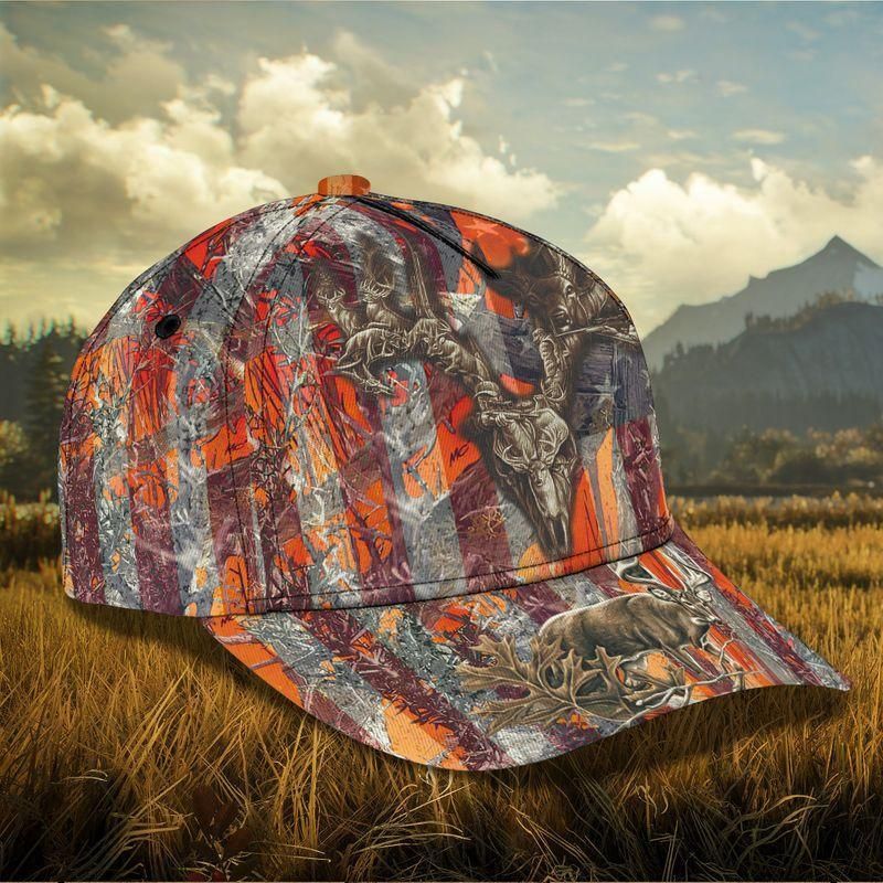 Deer Hunting Stripe Us Flag Orange Classic Cap Baseball Cap Trucker Hats Custom Hats Gifts For Men & Women