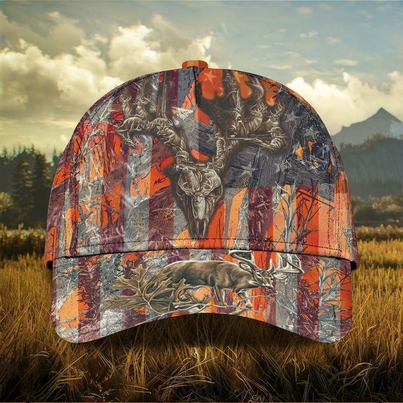 Deer Hunting Stripe Us Flag Orange Classic Cap Baseball Cap Trucker Hats Custom Hats Gifts For Men & Women