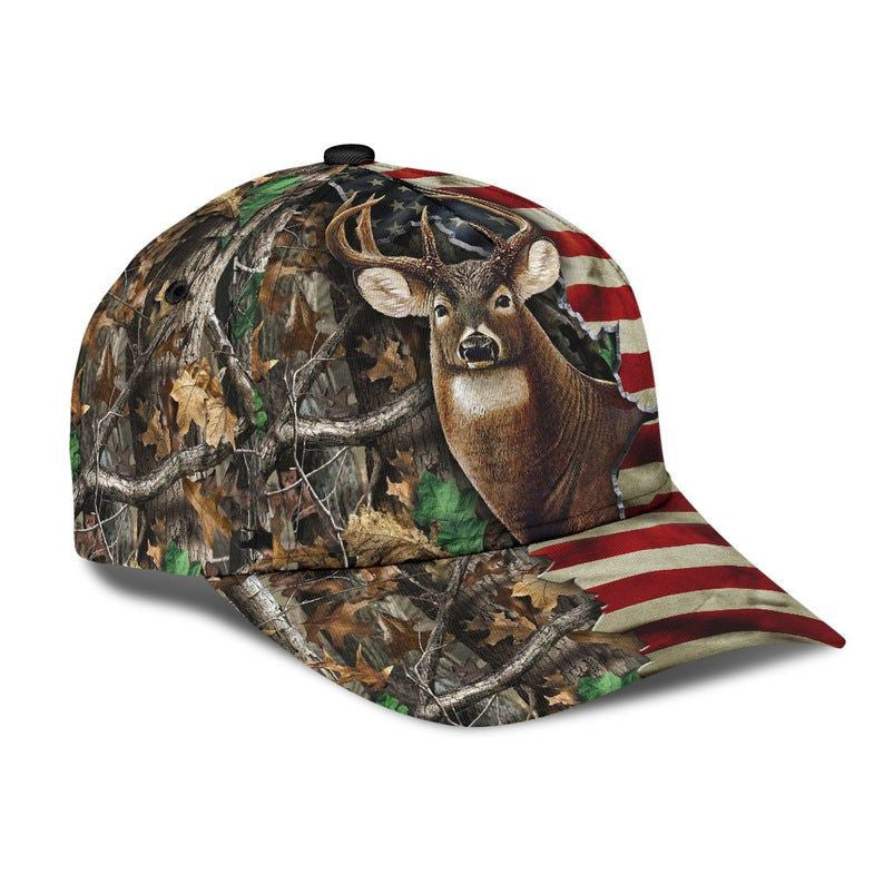 Deer Hunting Us Flag Camo Hat Classic Cap 3D Strapback Cap, Human Cap, Trending Cap, American Cap Trucker Hats Custom Hats Gifts For Men & Women