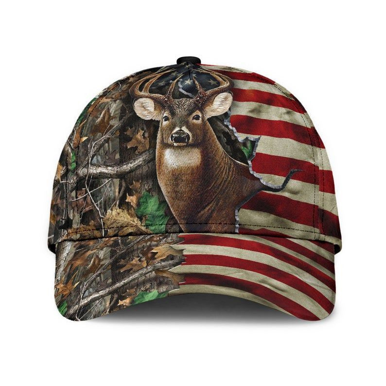 Deer Hunting Us Flag Camo Hat Classic Cap 3D Strapback Cap, Human Cap, Trending Cap, American Cap Trucker Hats Custom Hats Gifts For Men & Women