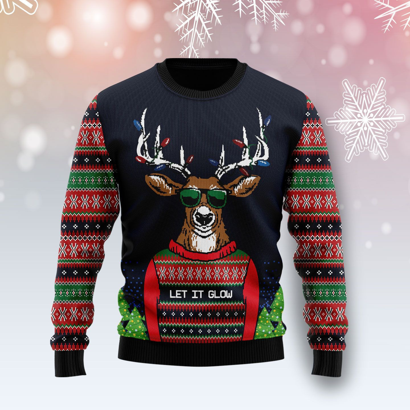 Deer Let It Glow Ugly Christmas Sweater Adult 3D Funny Matching for family