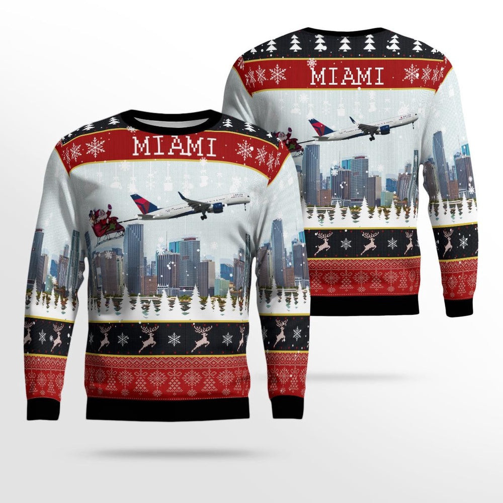 Delta Air Lines Boeing 757232 With Santa Over Miami Christmas AOP Ugly Sweater Xmas Unisex Sweater Christmas Gifts For Men Women