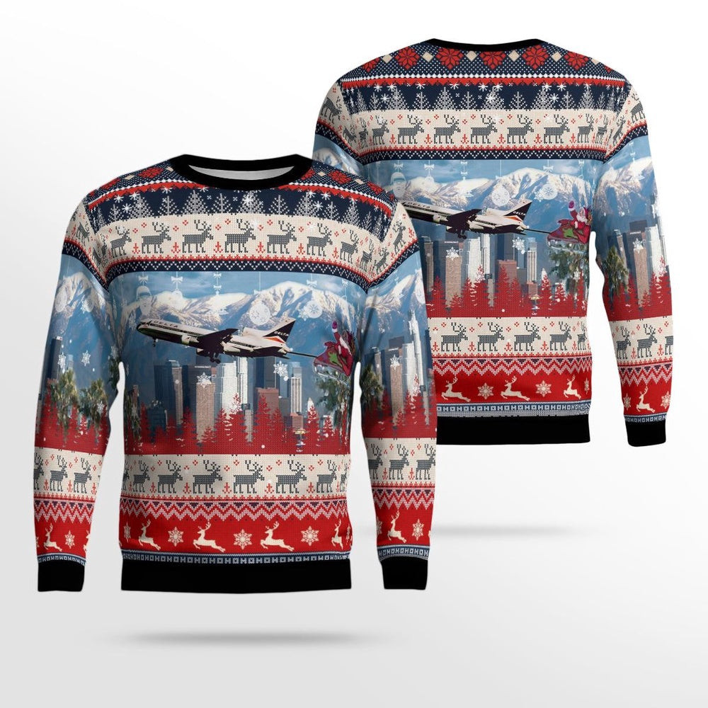 Delta Air Lines Lockheed L1011500 With Santa Over Los Angeles Christmas AOP Ugly Sweater Xmas Unisex Sweater Christmas Gifts For Men Women