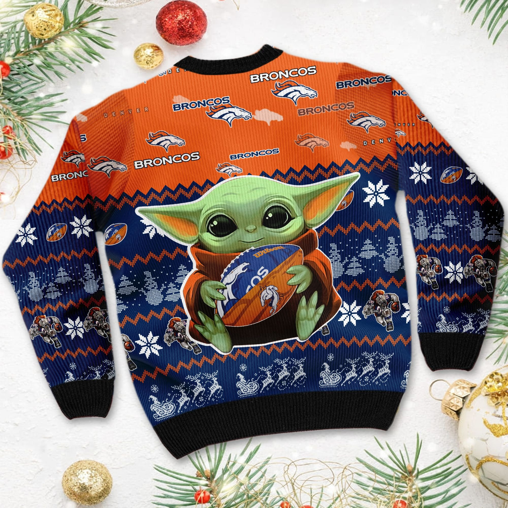 Denver Broncos Baby Yoda Shirt For American Football Fans Ugly Christmas Sweater Adult 3D Funny Matching for family - Image 4