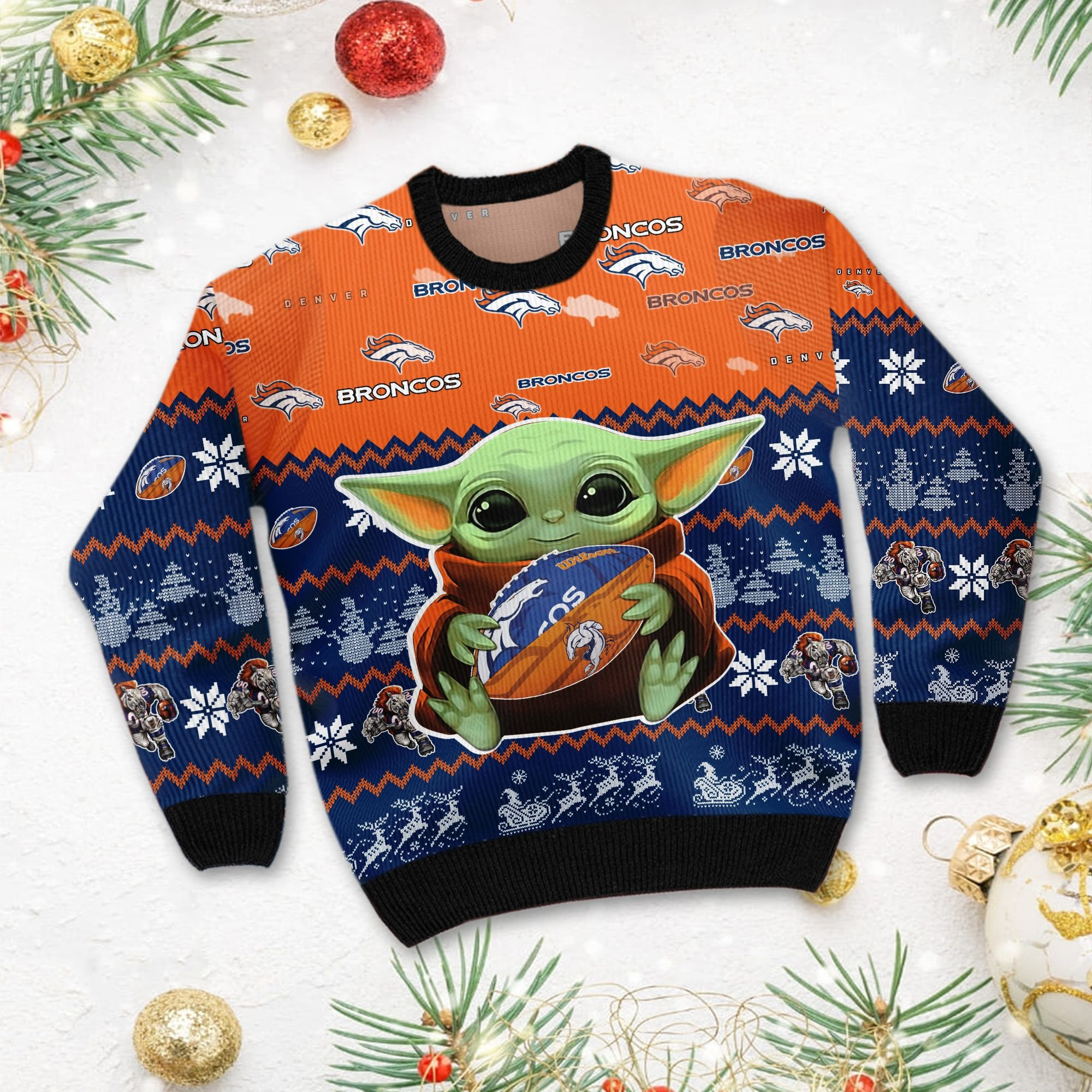 Denver Broncos Baby Yoda Shirt For American Football Fans Ugly Christmas Sweater Adult 3D Funny Matching for family - Image 3