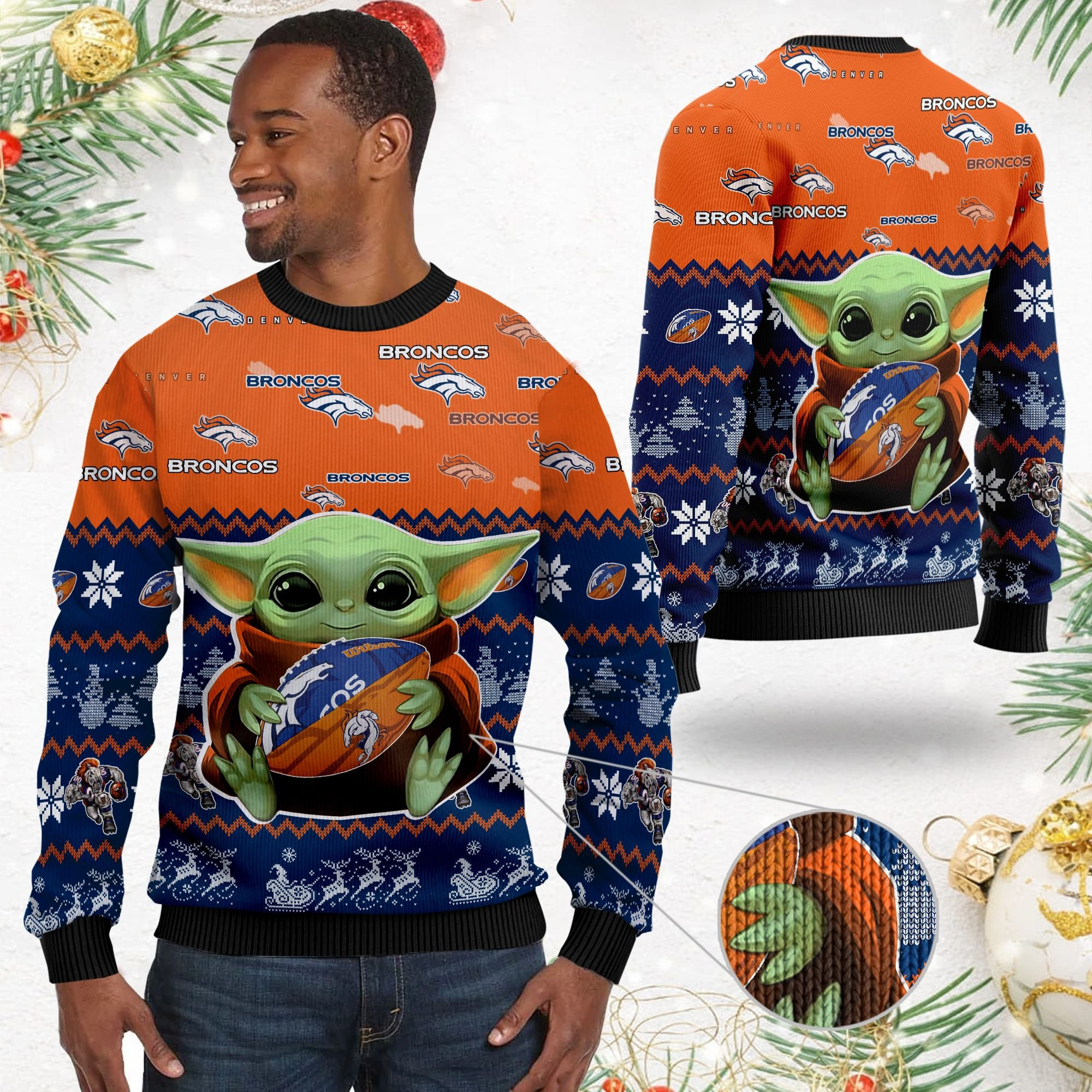 Denver Broncos Baby Yoda Shirt For American Football Fans Ugly Christmas Sweater Adult 3D Funny Matching for family - Image 2