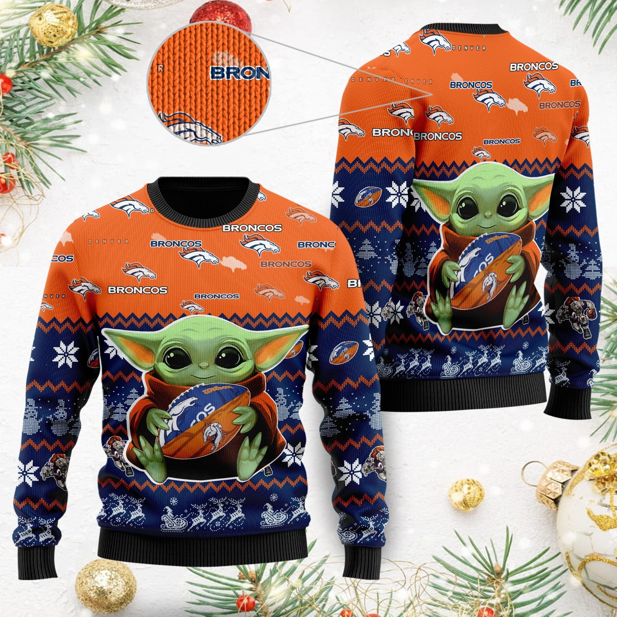 Denver Broncos Baby Yoda Ugly Christmas Sweater Adult 3D Funny Matching for family