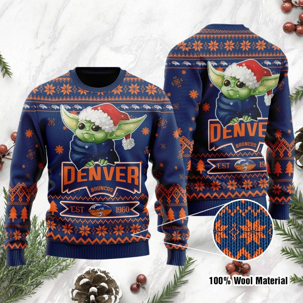 Denver Broncos Cute Baby Yoda Grogu Holiday Party Ugly Christmas Sweater Adult 3D Funny Matching for family