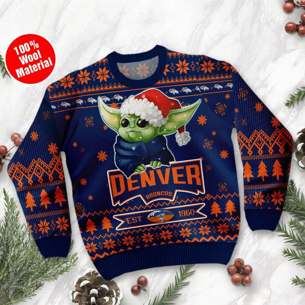 Denver Broncos Cute Baby Yoda Grogu Holiday Party Ugly Christmas Sweater Adult 3D Funny Matching for family - Image 2