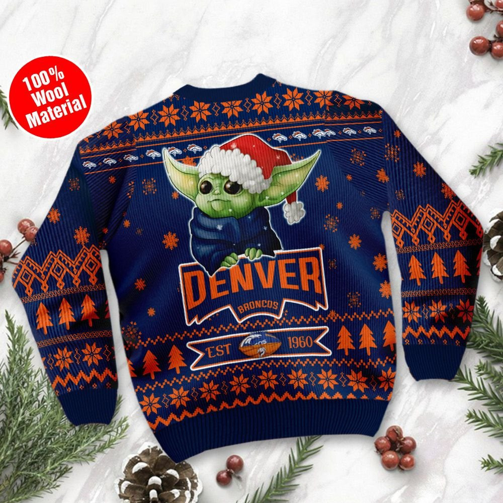 Denver Broncos Cute Baby Yoda Grogu Holiday Party Ugly Christmas Sweater Adult 3D Funny Matching for family - Image 3