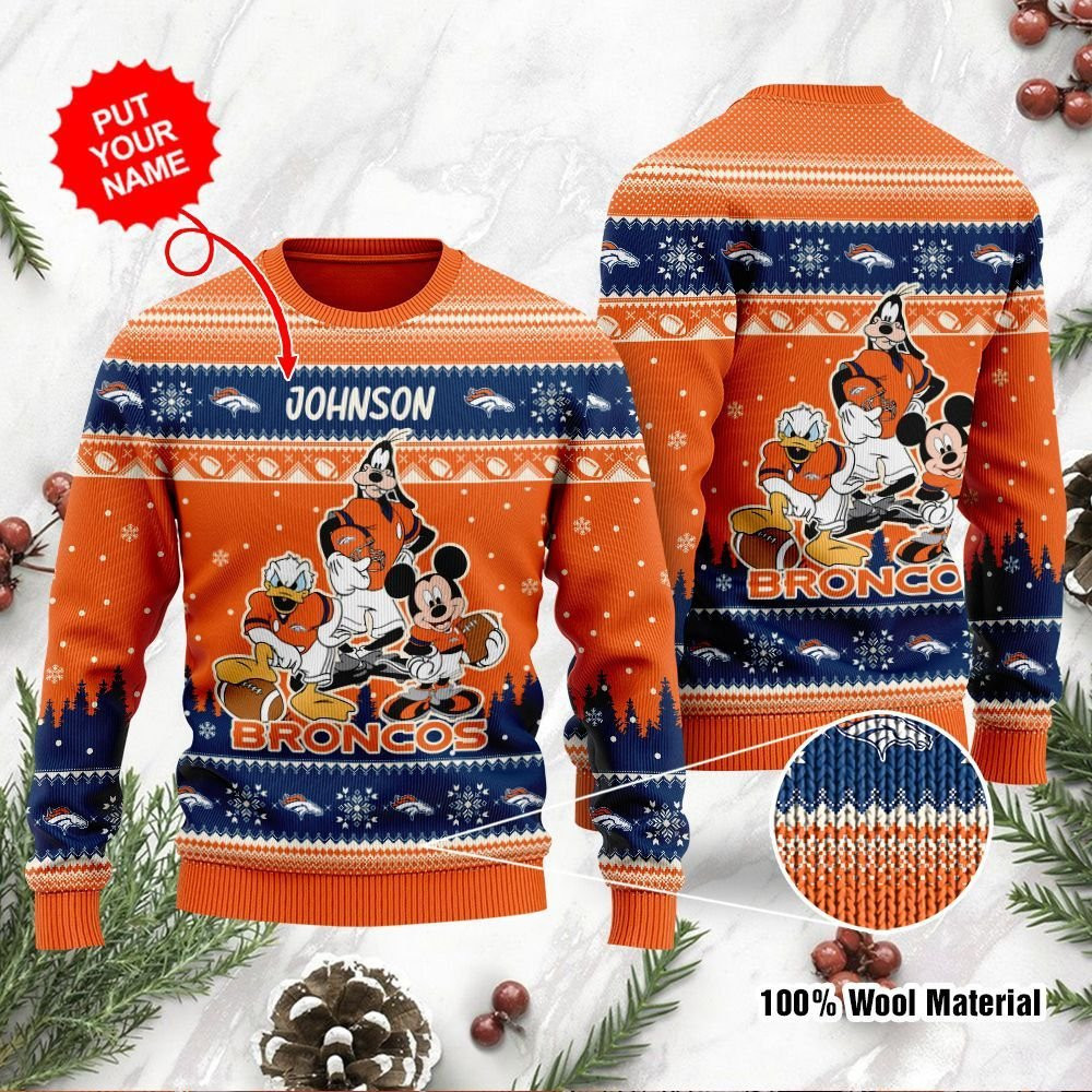 Denver Broncos Disney Donald Duck Mickey Mouse Goofy Personalized Ugly Christmas Sweater Adult 3D Funny Matching for family