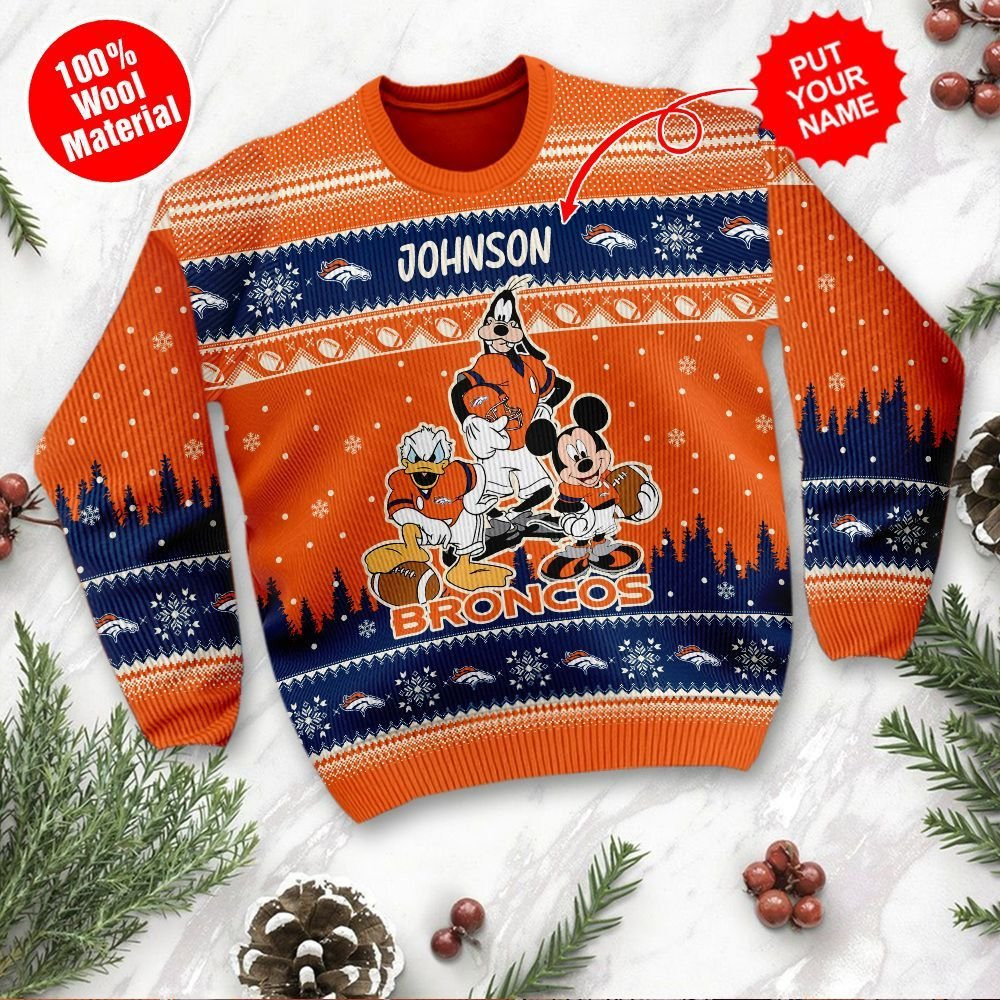 Denver Broncos Disney Donald Duck Mickey Mouse Goofy Personalized Ugly Christmas Sweater Adult 3D Funny Matching for family - Image 2